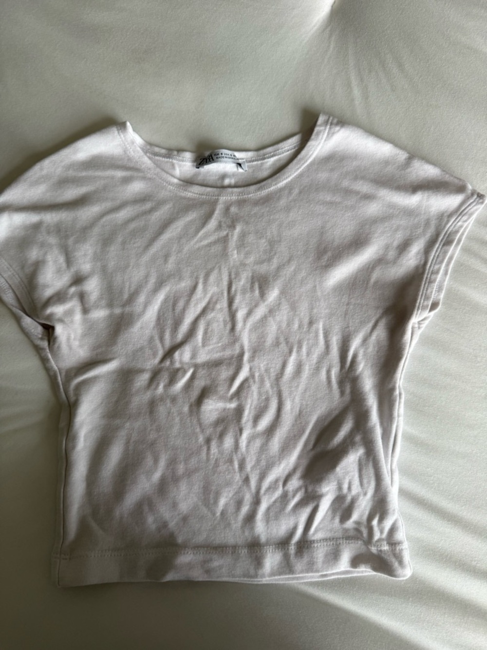 Zara White Crewneck Cap-Sleeve Top